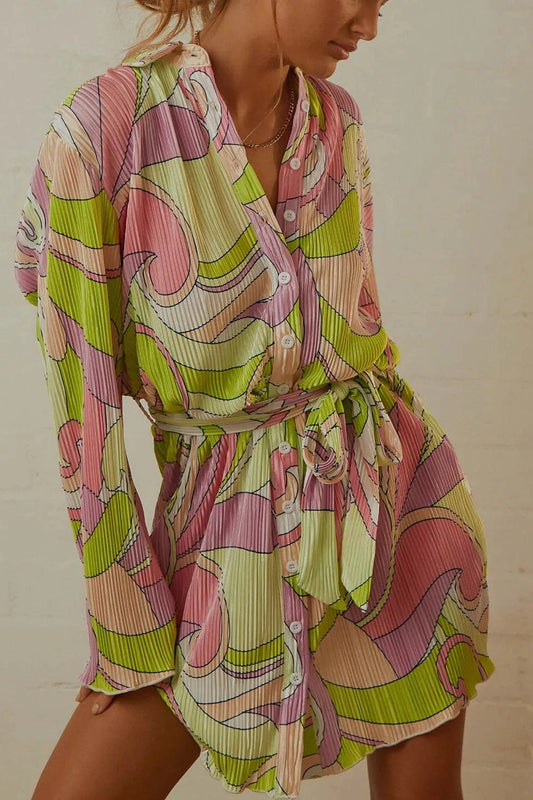 Printed Pleated Lace Up Mini Dress