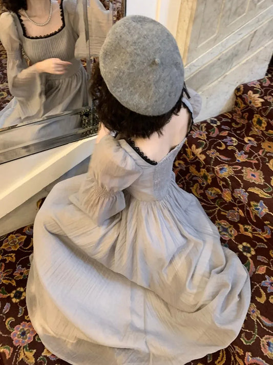 Vestidos midi de princesa de otoño para mujer, cuello cuadrado, manga acampanada, vestido de fiesta de cintura estrecha, vestidos coreanos de una pieza, nuevos