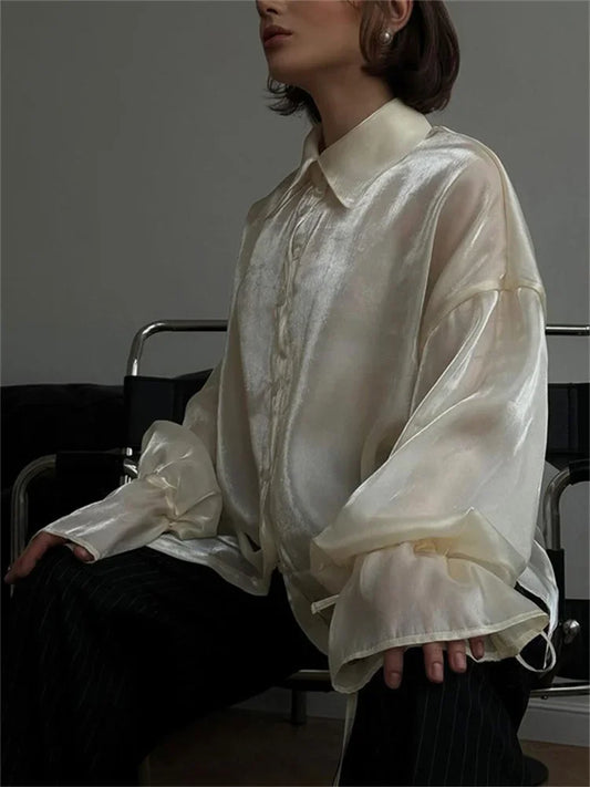 Blusa informal holgada transparente con solapa y manga larga con cordones para mujer, ropa de verano 2025, con parches lisos