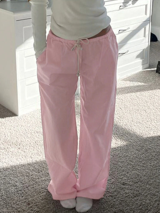 Pantalones de chándal holgados de color rosa liso, informales, de pierna recta, con cordón y cintura baja, estilo Y2K