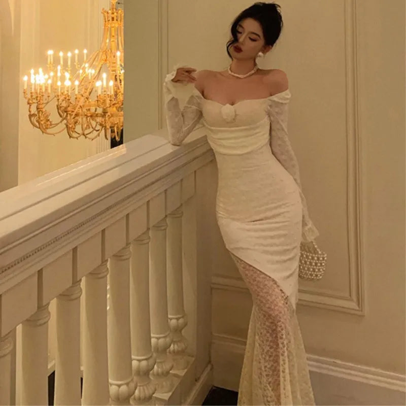 Vestidos largos sexis de encaje liso para mujer, con hombros descubiertos, ajustados, estilo sirena, para otoño, cumpleaños, fiestas de noche, graduación, novedad