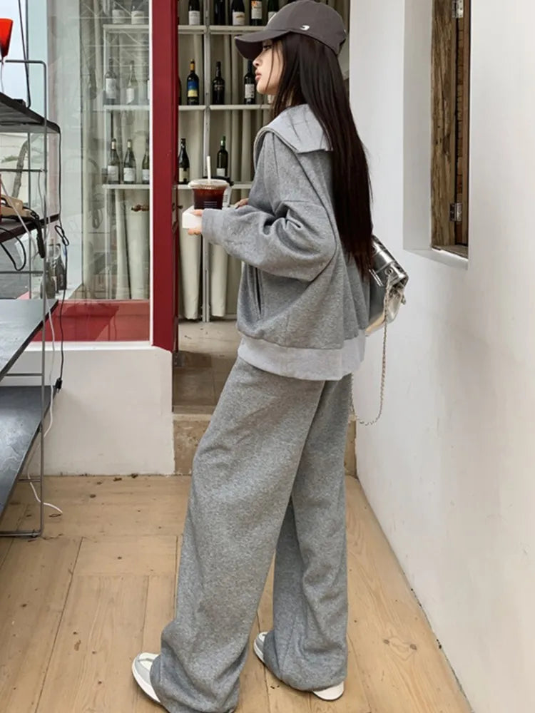 Y2K Casual Two-piece Set Solid Tracksuit Stand Collar Long Sleeve Zip-up Sweatshirt Long Pants Korean Fashion Autumn New Outfits