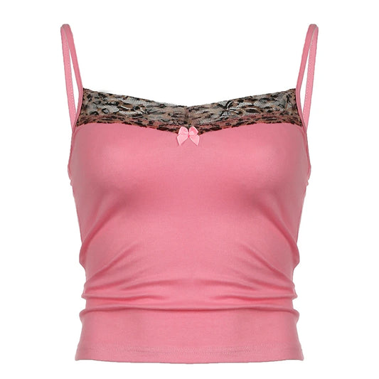 Camisola rosa con cuello estampado de leopardo Y2K para mujer, sin mangas, de punto, linda y sexy, top corto de verano, chaleco informal para mujer, conjuntos