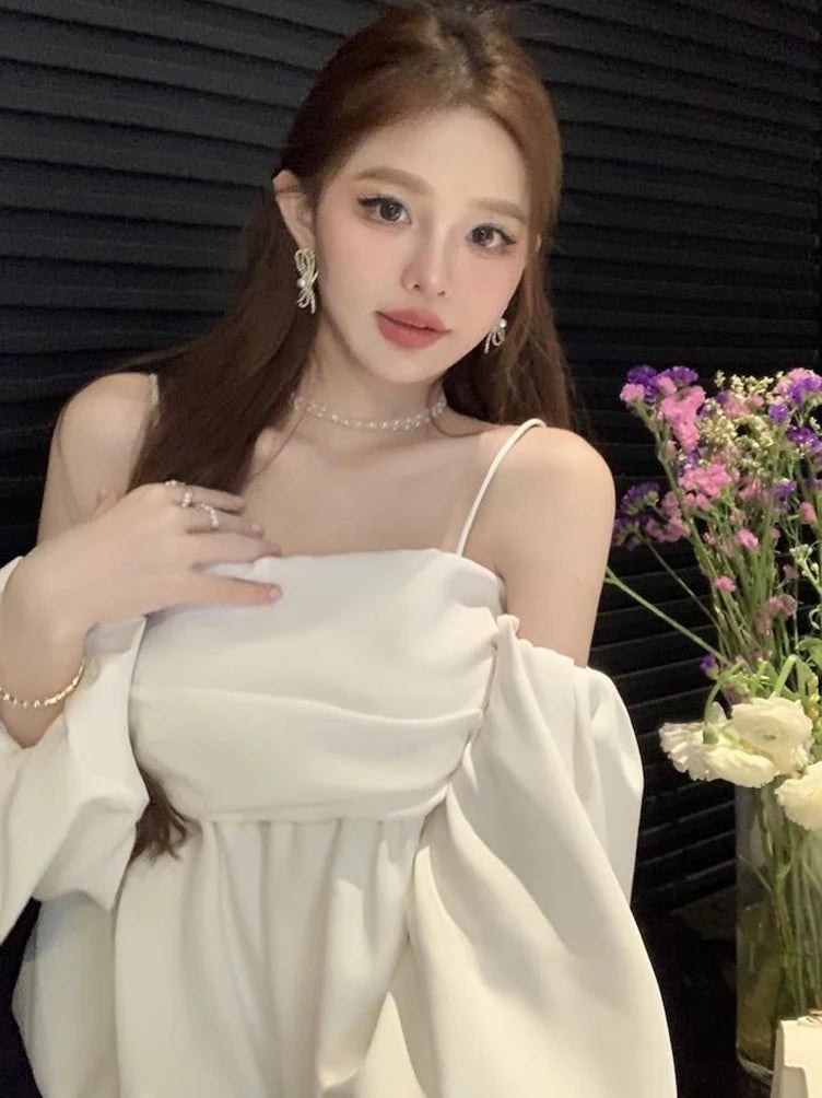Korean Straps Off shoulder Shirts Women Puff sleeve Cute Backless Badydoll Blouse Sexy Female Tube Tops Design New