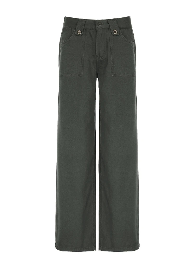 Sweetown Retro Green Low Rise Straight Jeans Woman Y2K Streetwear Denim Trousers Pockets Casual Cargo Jean Pants