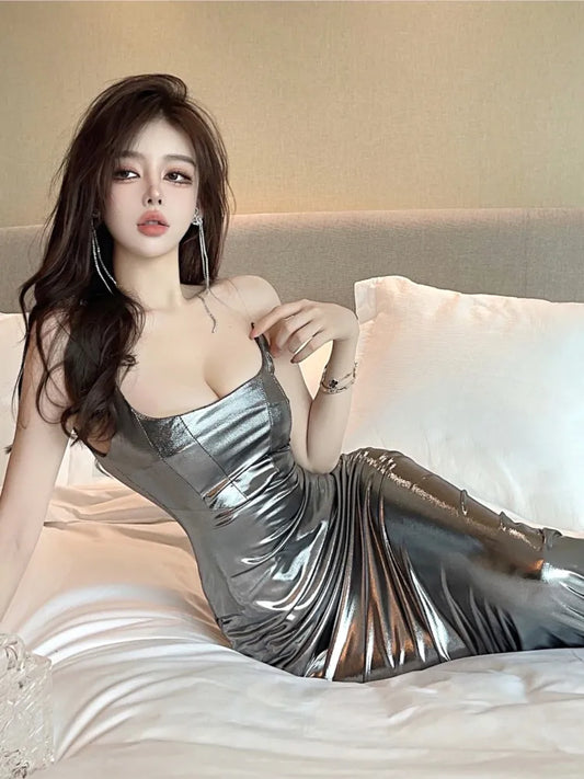 Vestido largo sexy brillante para mujer, plateado, con tirantes finos, abertura alta, cruzado en el pecho, ajustado, para fiesta de noche y club, vestidos largos