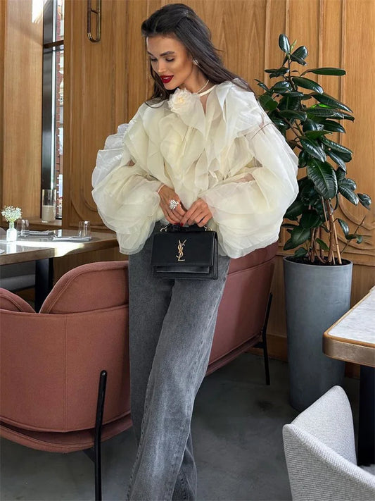 Patchwork Ruffled White Shirts Fashion Elegant For Women High Waist Long Sleeve Casual Streetwear Ladies Blouse Top