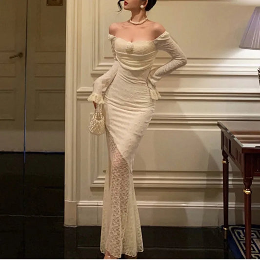 Vestidos largos sexis de encaje liso para mujer, con hombros descubiertos, ajustados, estilo sirena, para otoño, cumpleaños, fiestas de noche, graduación, novedad