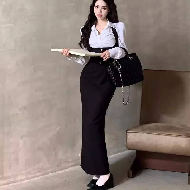 Conjunto de 3 piezas Y2K para mujer, abrigo corto, blazer, camisa blanca, cuello halter, sin mangas, vestido midi ajustado, nuevos conjuntos coreanos elegantes de otoño para mujer