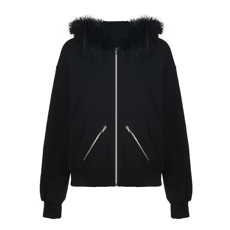 Large Fur Collar Hooded Zipper Sweatshirt Women’s Minimalist Harajuku Crop Jacket Winter Outfits Letter Streetwear