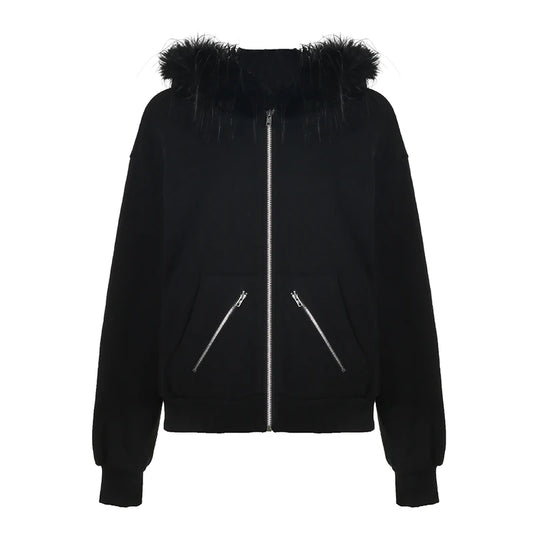 Large Fur Collar Hooded Zipper Sweatshirt Women’s Minimalist Harajuku Crop Jacket Winter Outfits Letter Streetwear
