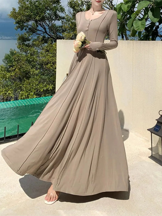 Vestidos casuales de punto para mujer, manga larga, cuello cuadrado, corte A, vestido maxi de otoño, moda coreana, vestidos sólidos para mujer, nuevo