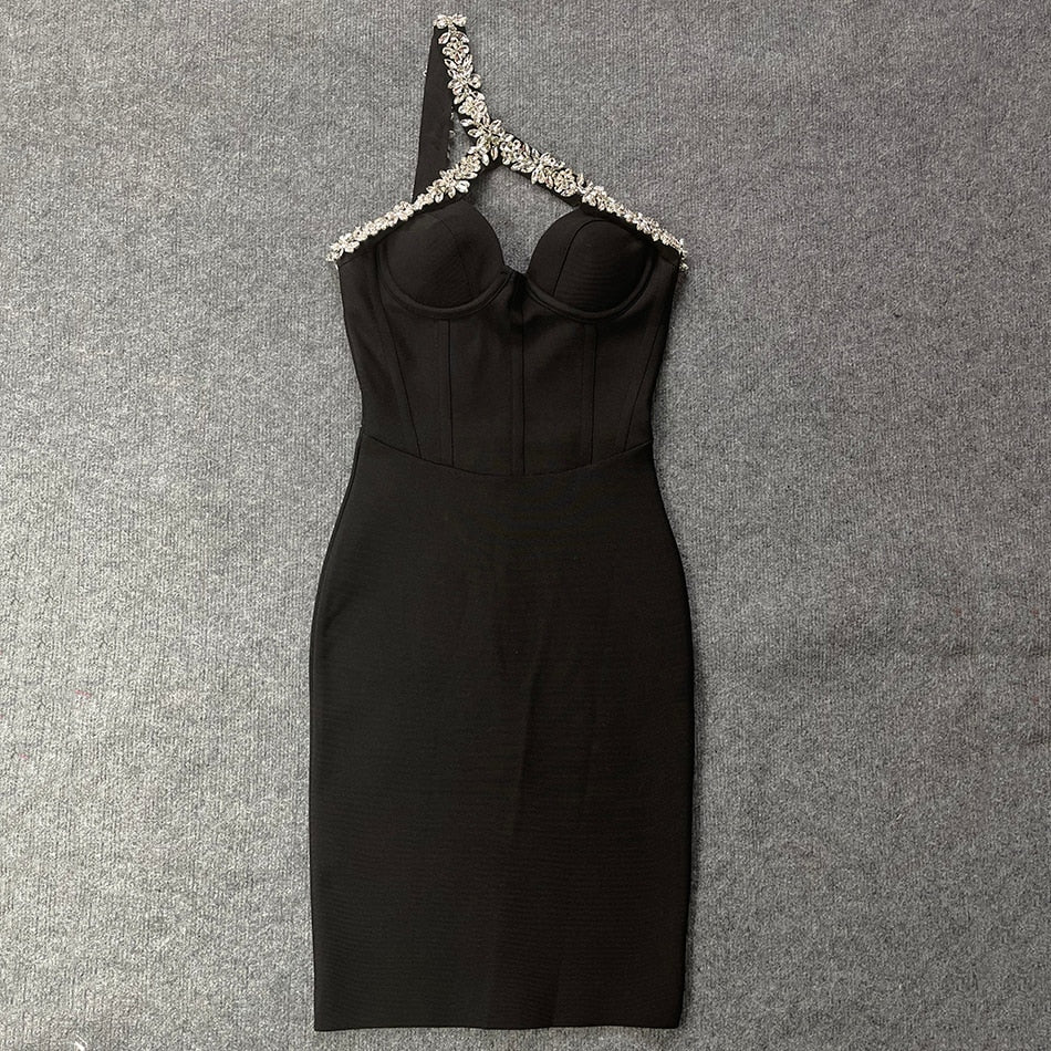 Sonia One Shoulder Rhinestone Bandage Dress - Rhinestone Detail