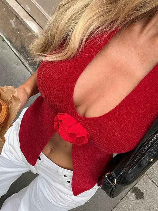 Camisetas de lana sin mangas con cuello halter para mujer, ropa con flores, top corto ajustado liso para mujer, chaleco sexy informal para vacaciones
