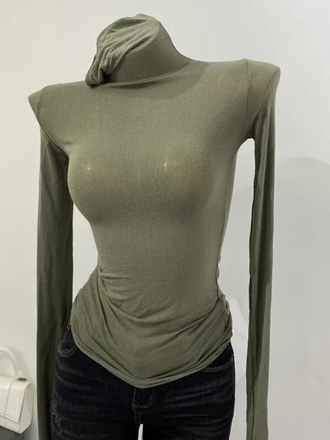 Thin Soft American Long Sleeve T-shirt High Stacked Neck Tight Perspective Bottom Shirt Women’s Slim Fit Tops Sexy Streetwear