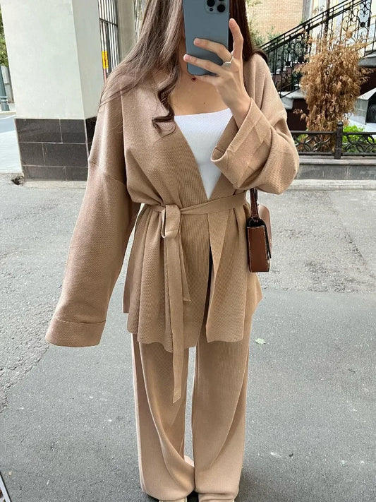 Conjunto de 3 piezas de punto de otoño para mujer, chaleco con cordones, prendas de vestir exteriores, pantalones anchos, conjuntos casuales lisos con pliegues para mujer.