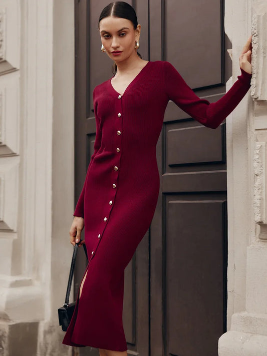 Vestido largo de punto con escote en V para mujer, cárdigan de retazos acanalados, elegante y ajustado, para fiesta, de punto, maxivestido de otoño