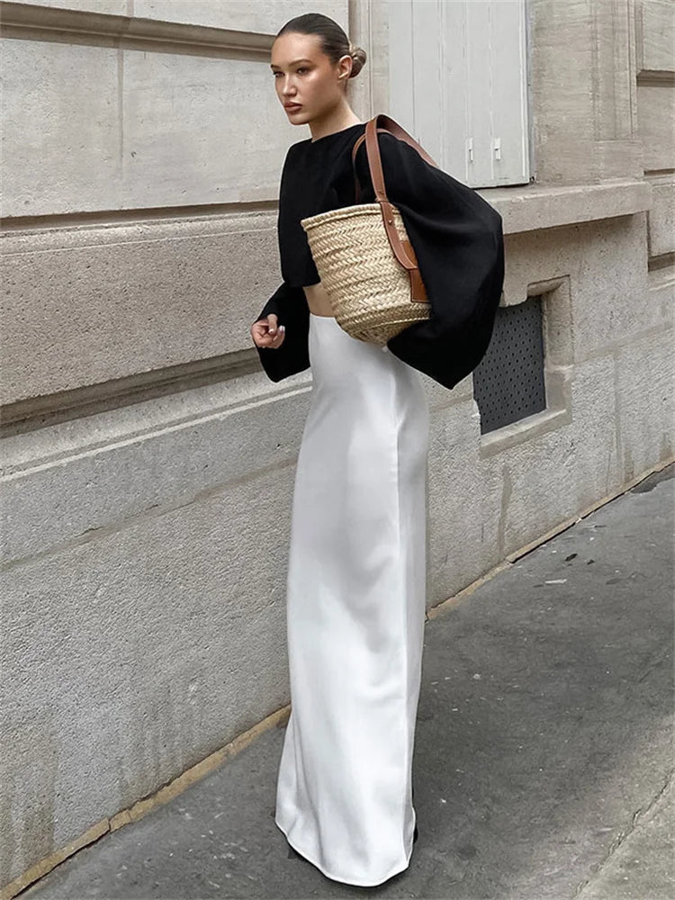 Falda larga elegante de cintura alta para mujer, de satén, elegante, a la moda, con cremallera y retazos, estilo Y2k, informal, de verano