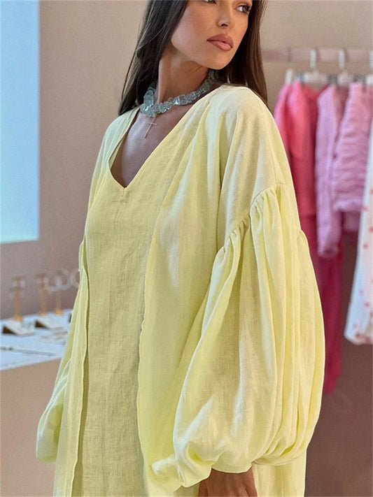 Conjunto de 2 piezas de vestido largo holgado para mujer, ropa informal con escote en V, cintura alta, para playa y vacaciones.