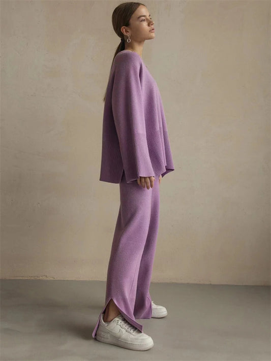Conjuntos casuales sueltos de dos piezas para mujer, suéter de punto de gran tamaño y pantalones acampanados, conjuntos de chándal de punto para mujer, conjuntos de suéter