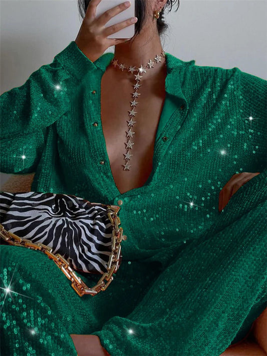 Sparkly Two-piece Set Party Outfits For Womens Sequin Top Blouse Shirt And Pants Suit Female Luxury Evening Tracksuit New