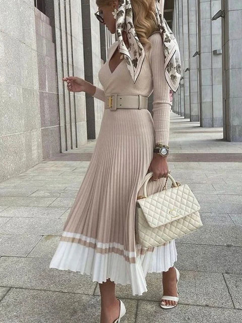 Vestido maxi de punto con cuello en V acanalado y pliegues para mujer, ajustado, sexy, de corte A, con parches de dos colores, elegante y chic.