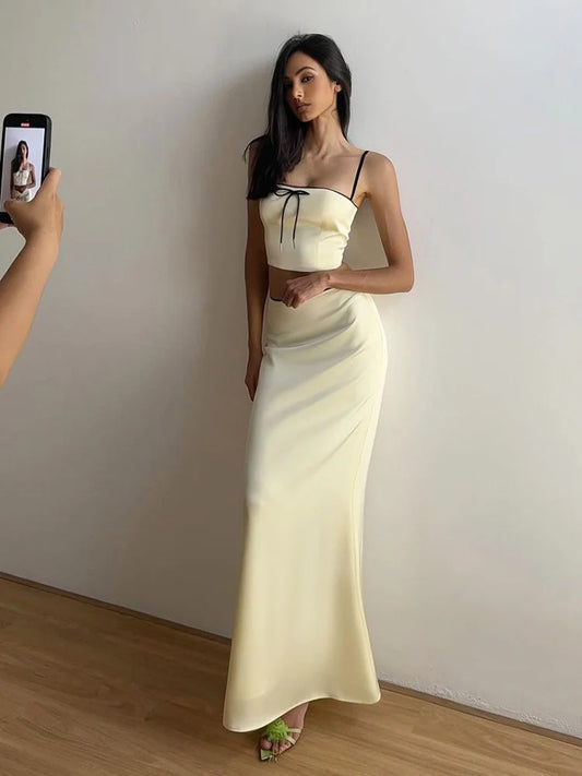 Conjunto de falda de cintura alta con tirantes y ombligo descubierto para mujer, de color liso, estilo fiesta, 2025