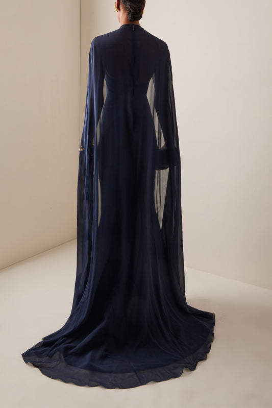 Vestido largo de gasa con flores 3D