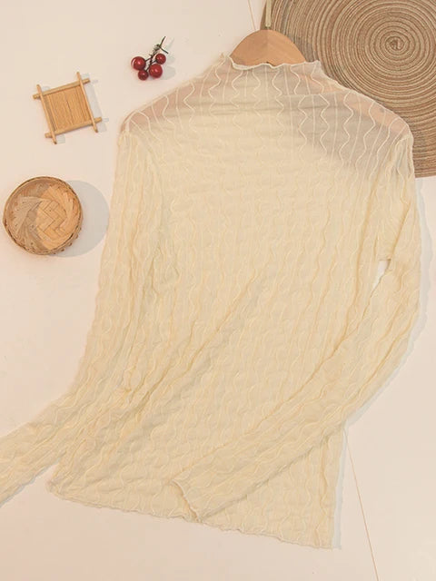 Women Lace Mesh High Collar Bottom T-shirts Female Long Sleeve Autumn Casual Style Tight Thin Tops T-shirts Women Clothes