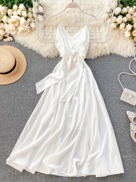 Vestido largo playero sexy de verano para mujer, elegante vestido blanco de fiesta de noche con escote en V y espalda descubierta de satén con vendaje para mujer.