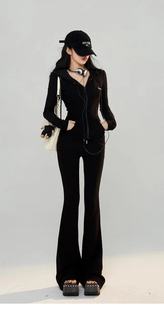 Conjunto de chándal informal de 2 piezas Y2K para mujer, con capucha, cremallera, abrigo ajustado y pantalones anchos con cordón, moda coreana de otoño, conjuntos sólidos