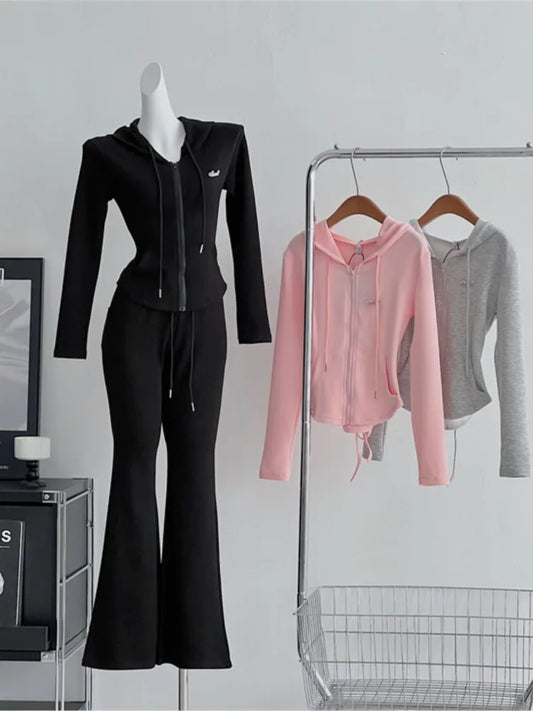 Conjunto de chándal informal de 2 piezas Y2K para mujer, con capucha, cremallera, abrigo ajustado y pantalones anchos con cordón, moda coreana de otoño, conjuntos sólidos
