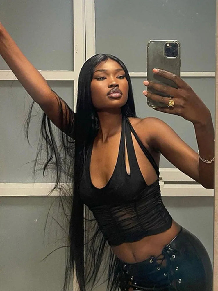 Camisola sexy Y2K con cuello halter y abertura para mujer, sin mangas, fruncida, de malla con retazos, ropa de club, chaleco liso a la moda