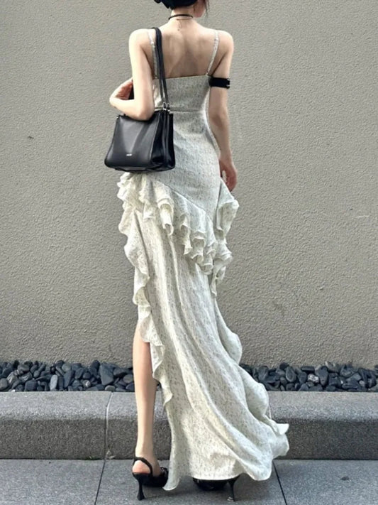 Vestido irregular con tirantes finos Y2K para mujer, vestido de fiesta ajustado con volantes en capas y sexy para primavera, vestido de graduación y boda