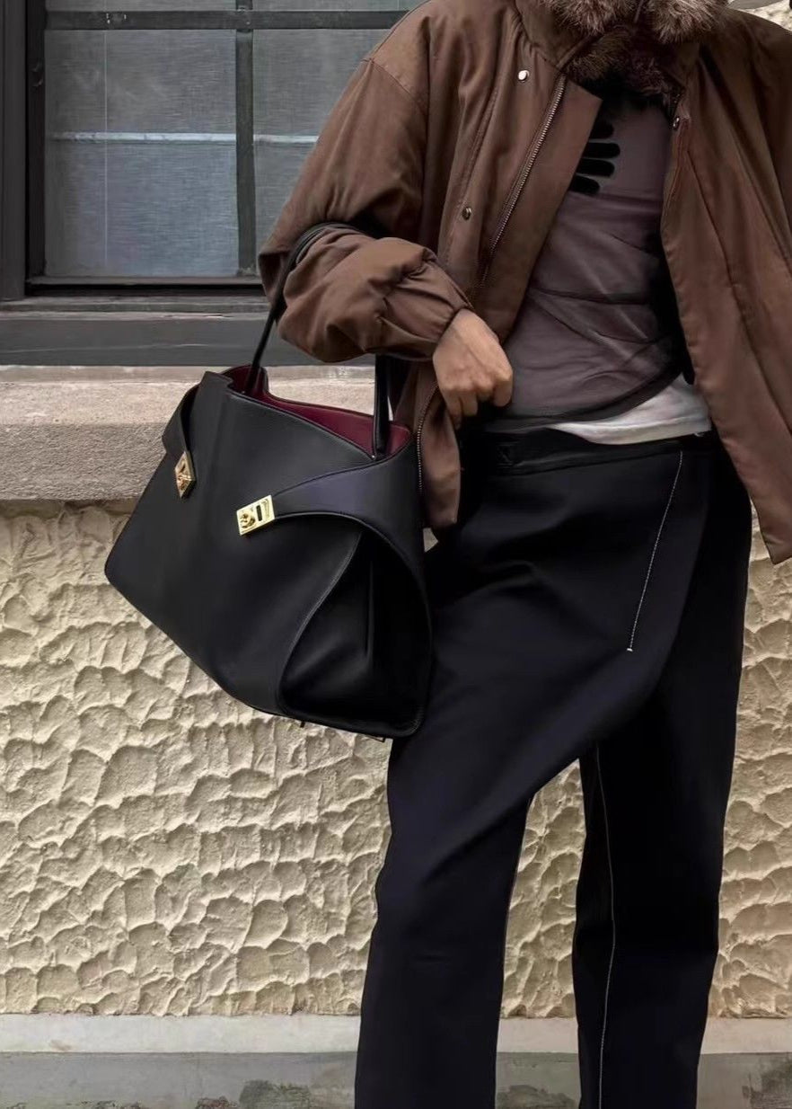 Aurora - Black Leather Tote Bag with Gold Accents