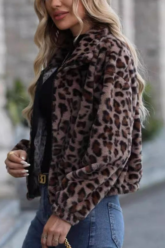 Cozy Leopard Print Zippered Fleece Coat