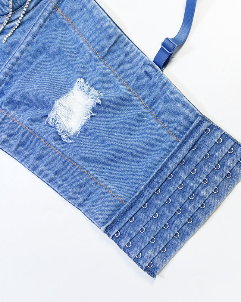 Distressed Denim Embellished Diamond Beaded Fringed Back Bandeau