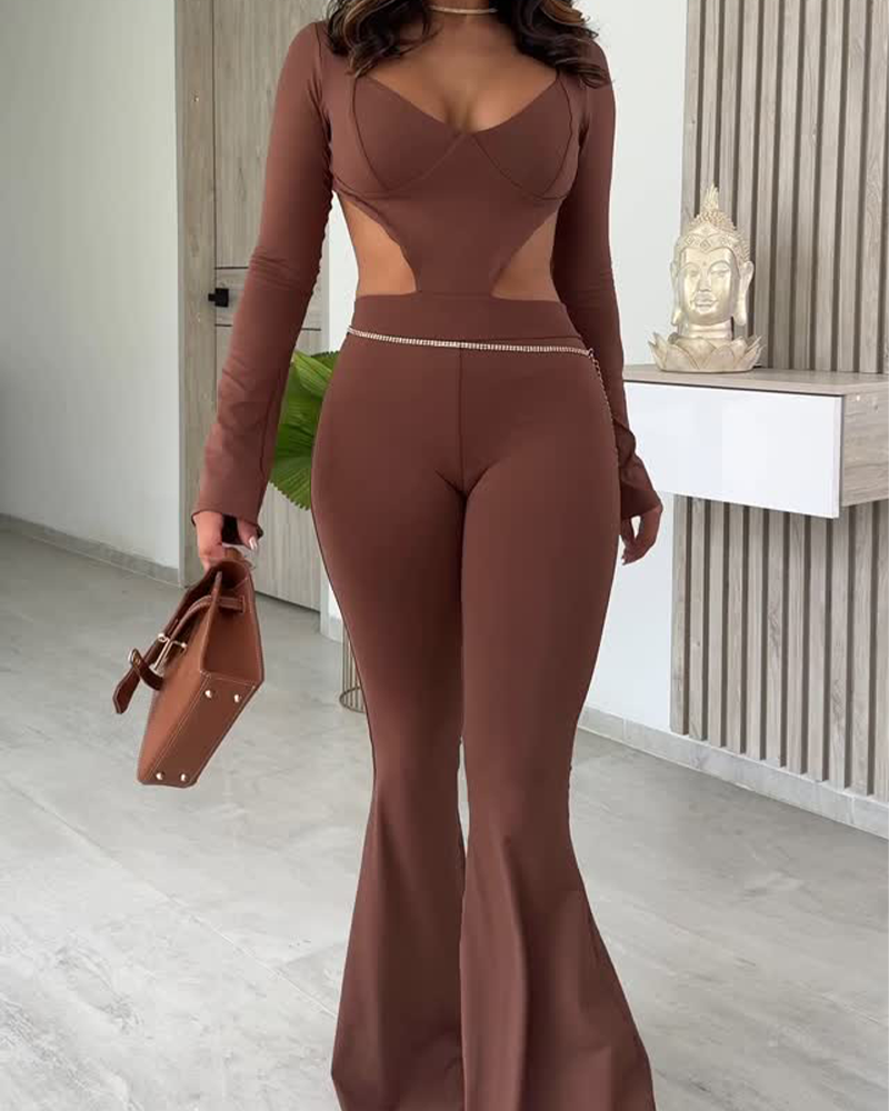 Long-Sleeved Hollow Slim Jumpsuit (Pre-Sale)
