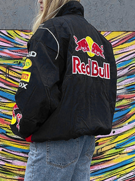 Dark Blue Vintage Contrast Color Print Loose Moto Jacket