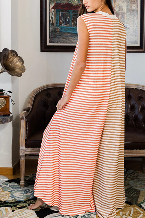 Orange Striped Pocketed Baggy Wide Leg Jumpsuit