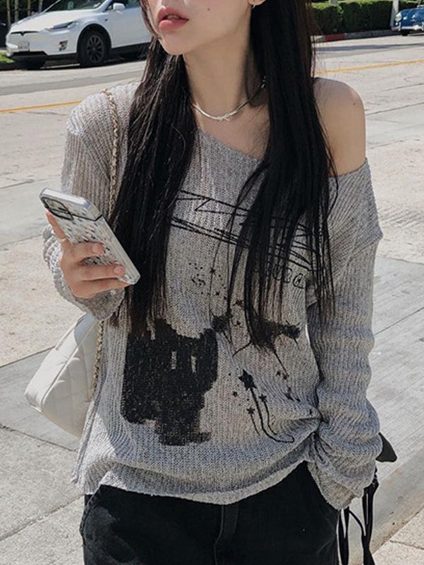 Gray Y2k Cat Off Shoulder Oversized Long Sleeves Tee