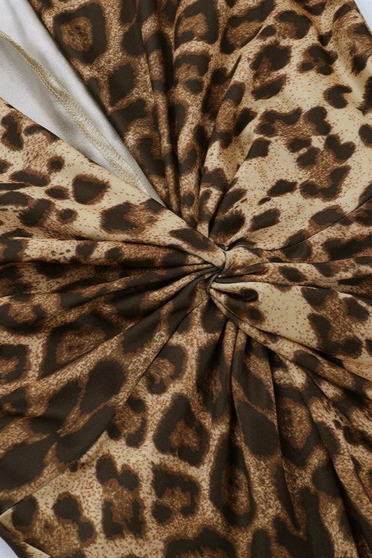 Sexy Leopard Print Knot Long Sleeve Maxi Dress