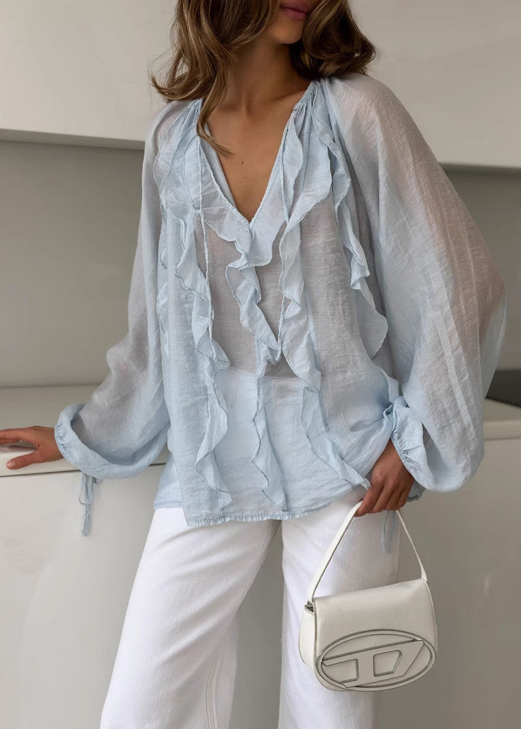 Hazel Whisper - Sheer Ruffle Tie Blouse