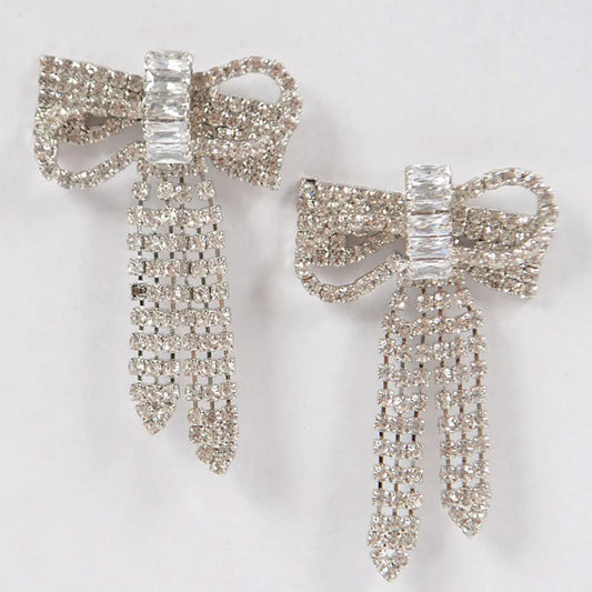 Crystal Bow Drop Earrings Silver