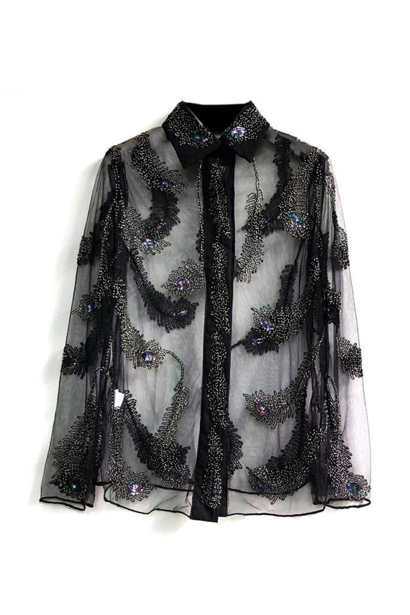 Blusa de malla con cuentas y plumas Denise