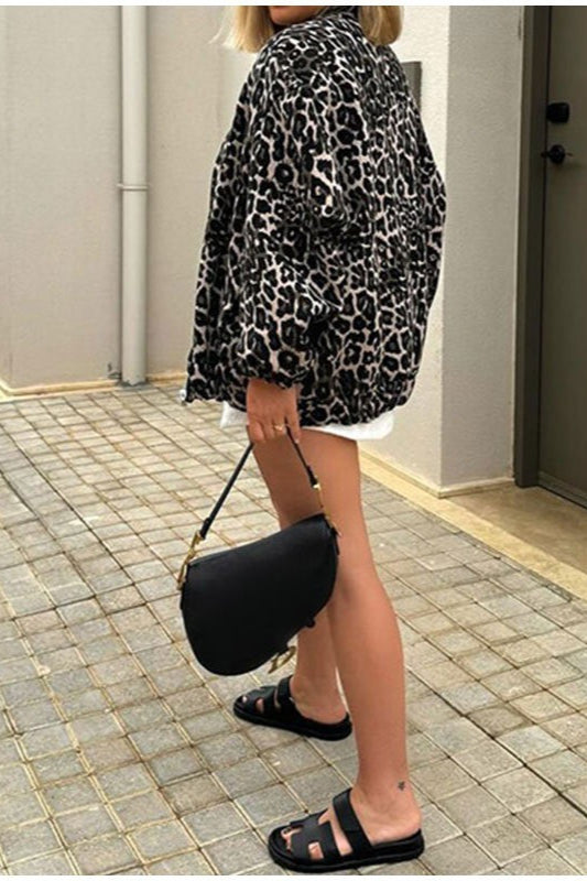 Animal Print Notch Collar Zip-Up Coat