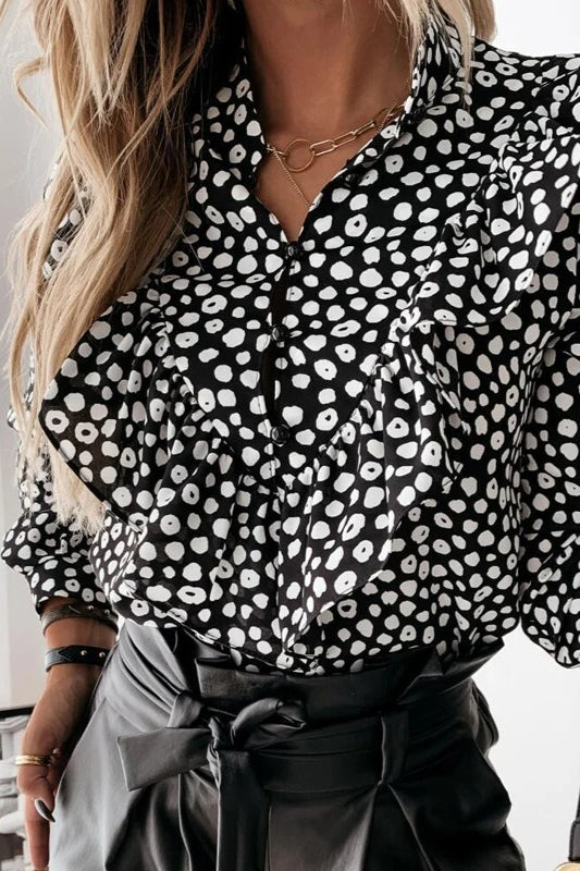 Leopard Dot Print Ruffle Blouse