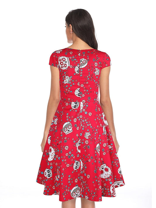 1950s Vintage Vintage Dress Midi Dress Going out Summer Dress Print Bull One Shoulder Short Sleeve Regular Fit Summer Spring Red S M L XL for Women