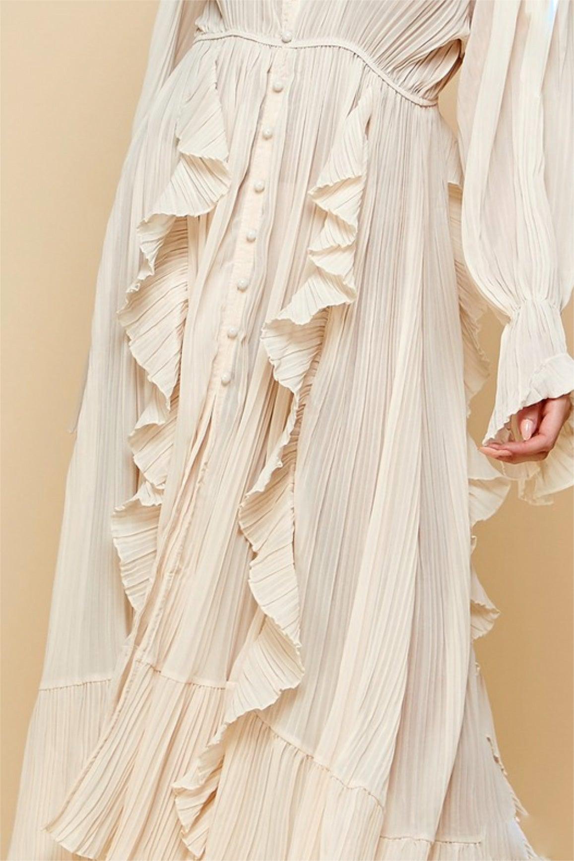 Vestido midi liso con volantes y botonadura sencilla fruncida