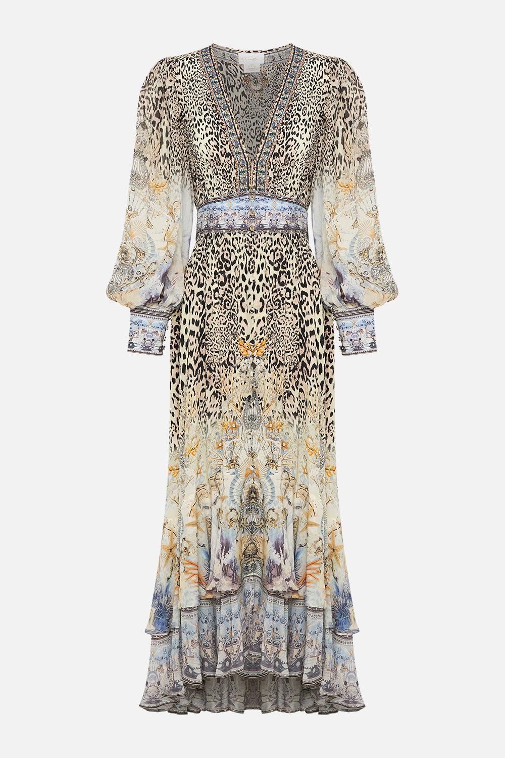 Vestido largo de gasa con estampado floral de leopardo y cuello en V